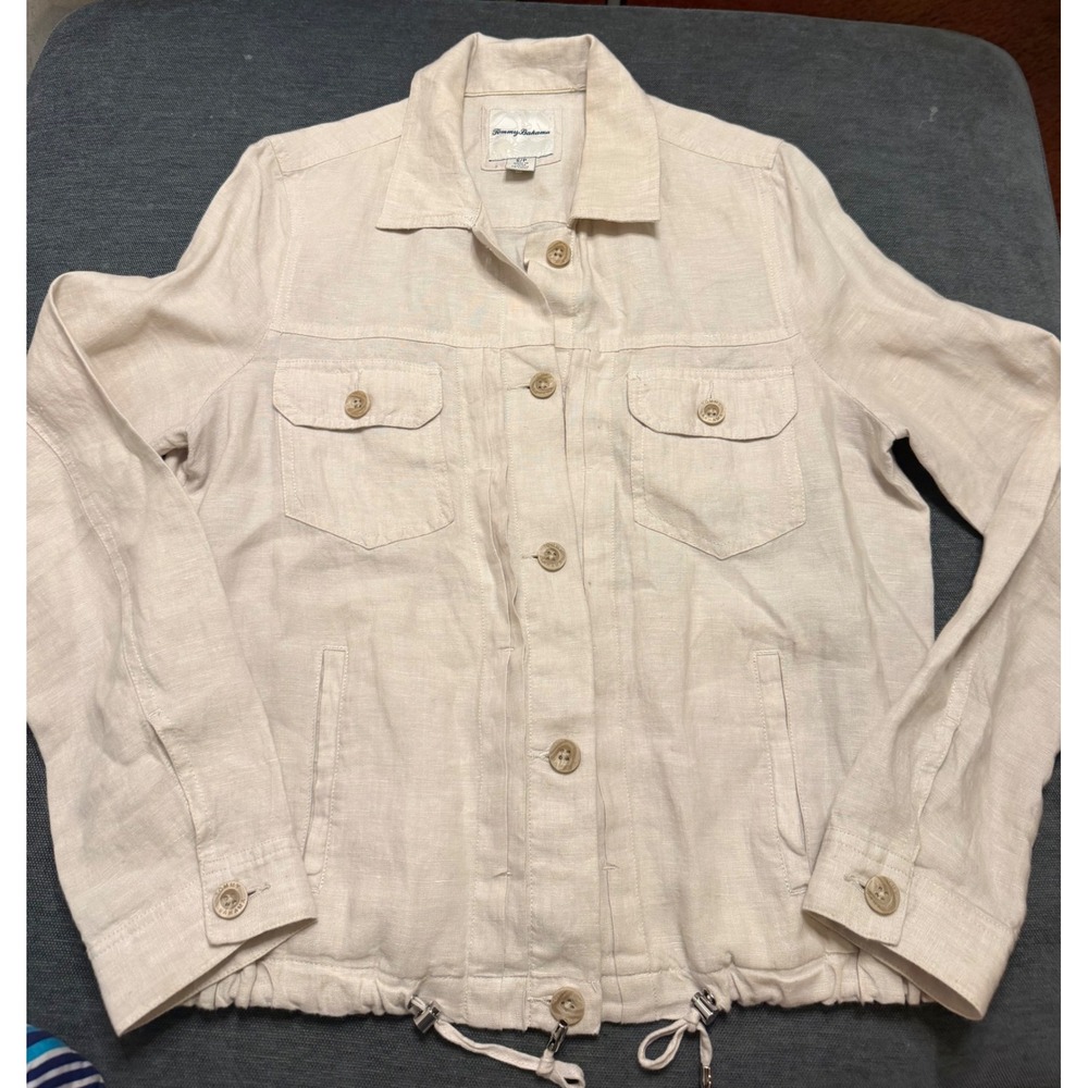 Tommy Bahama Womens 100% Linen Field Jacket Beige Oatmeal Drawstring Hem Small